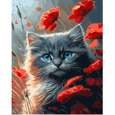 Картина для малювання за номерами Strateg Сірий котик у маках з лаком та рівнем 40х50 (GS1485)