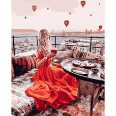Картина для малювання за номерами Стратег Дівчина в червоному в Кападокії 40х50см (VA-2914)
