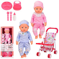 Пупс функціональний з коляскою та столовими приборами (асорт.) (QH3010-7)