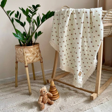 Плед муслін жатка двошаровий з бахромою Сердечка шоколадні