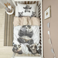 Комплект постільної білизни підліток 1,5 Панда/клітинка бежева (підковдра+наволочка)