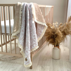 Плед муслін жатка Гілочки, сердечка/бежевий з бахромою