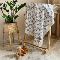 Плед муслін жатка двошаровий з бахромою Гілочки оливи на молочному