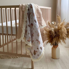 Плед муслін жатка Лісові звірі/бежевий з бахромою