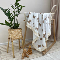 Плед муслін жатка двошаровий з бахромою Teddy на білому