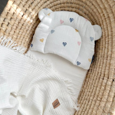 Подушка з вушками муслін Сердечка гірчиця-синій (130056)