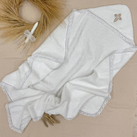 Крижма-куточок махрова "Янголята" біла з мереживом та вишивкою