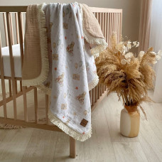 Плед муслін жатка Ведмедики на велосипеді бежевий з бахромою